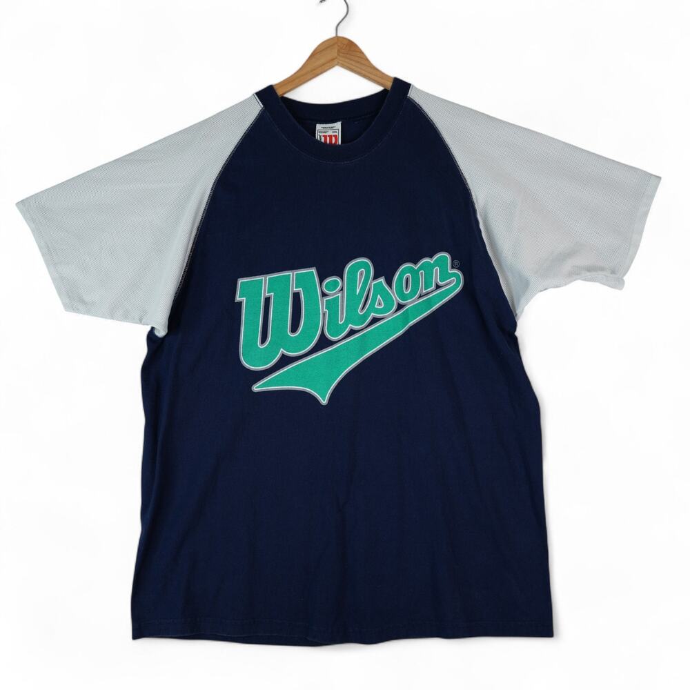 Vintage Wilson T-Shirt Mens XXL Blue Colorblock Tennis Script‎ Spellout